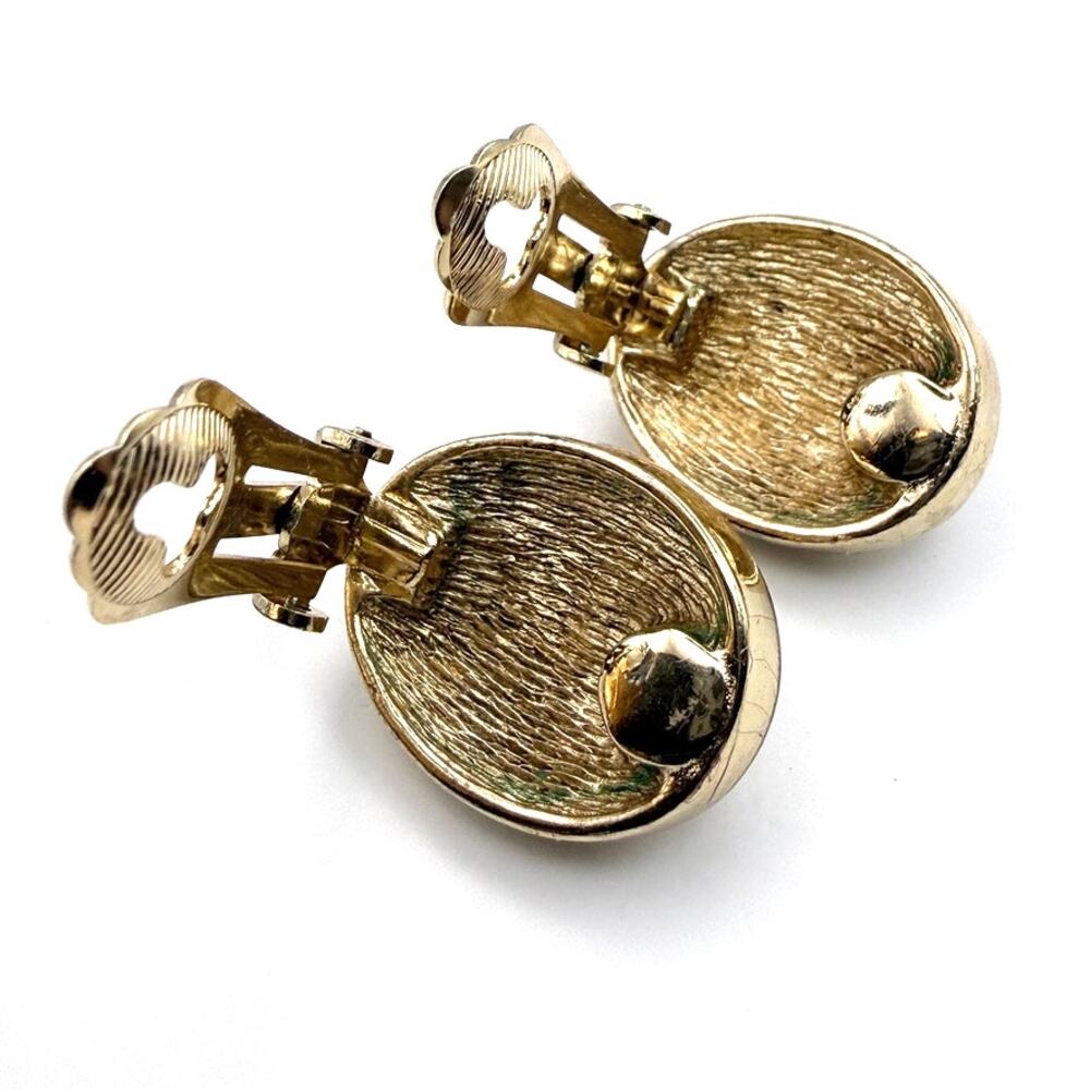 VTG CHRISTIAN DIOR Earrings Oval Black Glass Cabochon Crystal Clip On Gold Plate - Picture 4 of 7